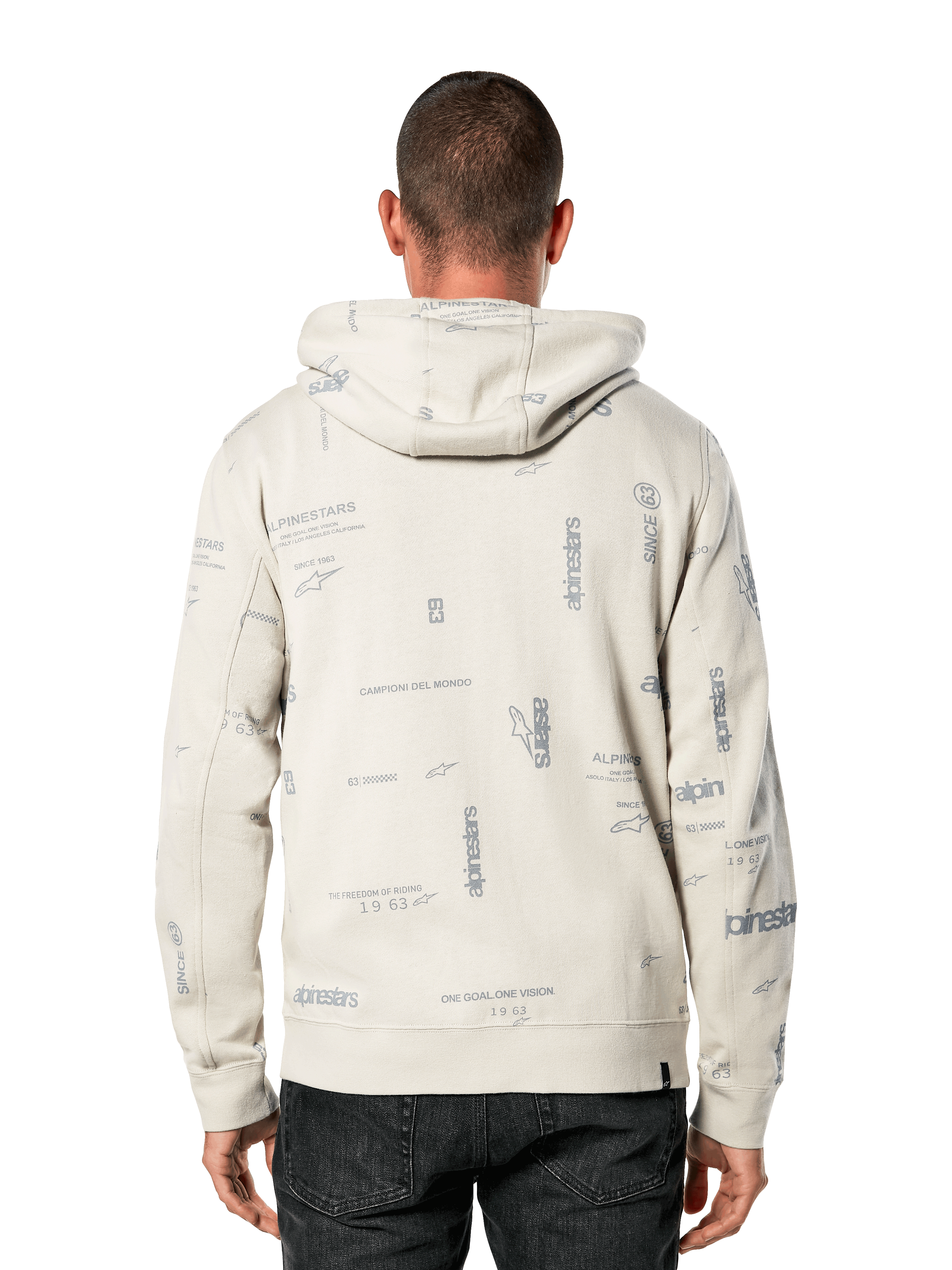 Alpinestars Plenitude Hoodie, back view, Off White with all-over gray print featuring brand slogans and logos, casual sportswear, ribbed cuffs and hem, hooded sweatshirt for everyday wear