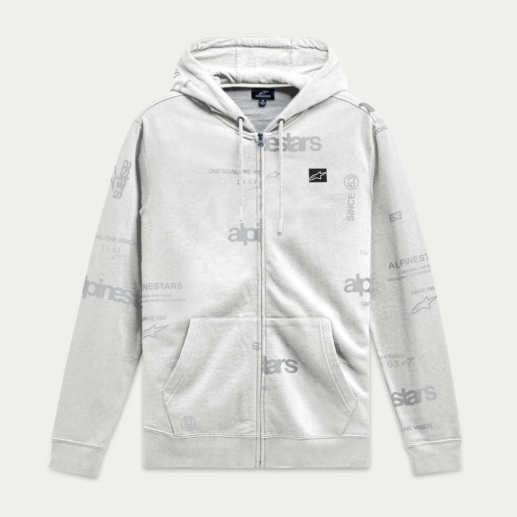 Alpinestars Plenitude Hoodie, zip-front fleece, Off White with all-over gray logo print, black Ageless logo patch on chest, kangaroo pockets, drawstring hood, casual motorsport-inspired streetwear