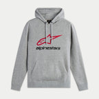 Alpinestars Always V3 Hoodie, camisola de lã em cinzento mesclado, com logótipo de estrela de contorno vermelho e texto Alpinestars preto no peito, capuz com cordão, bolso canguru frontal, streetwear casual inspirado no desporto motorizado