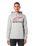 Alpinestars Always V3 Hoodie, cinzento mesclado claro com logótipo de estrela vermelho e preto, usado por um modelo, estilo casual urbano, capuz com cordões, bolso frontal tipo canguru, design inspirado na herança do desporto motorizado