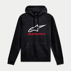 Alpinestars Always V3 Hoodie, camisola de lã com capuz preta, logótipo de estrela branco e marca a vermelho, streetwear casual de desportos motorizados, punhos e bainha canelados