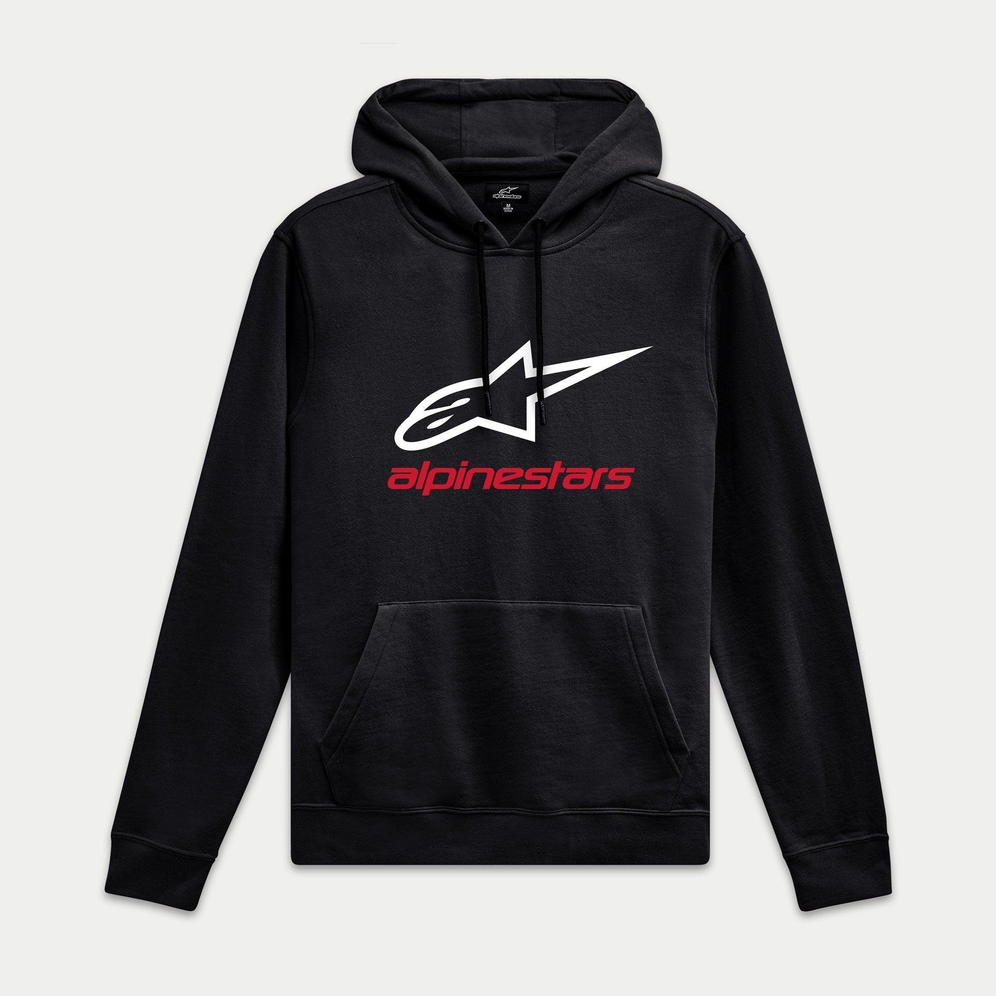 Alpinestars Always V3 Hoodie, camisola de lã com capuz preta, logótipo de estrela branco e marca a vermelho, streetwear casual de desportos motorizados, punhos e bainha canelados
