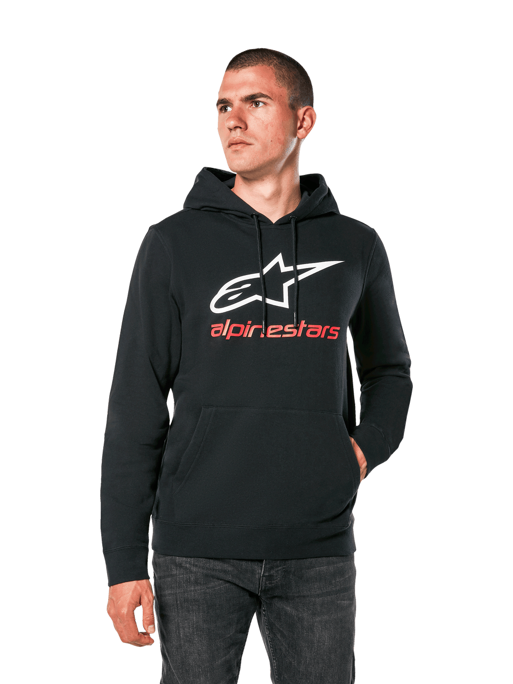 Alpinestars Always V3 Hoodie, hoodie casual preto com logótipo de estrela branca e texto alpinestars vermelho, design pullover com bolso canguru frontal, lifestyle motorsport streetwear