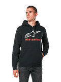 Alpinestars Always V3 Hoodie, hoodie casual preto com logótipo de estrela branca e texto alpinestars vermelho, design pullover com bolso canguru frontal, lifestyle motorsport streetwear