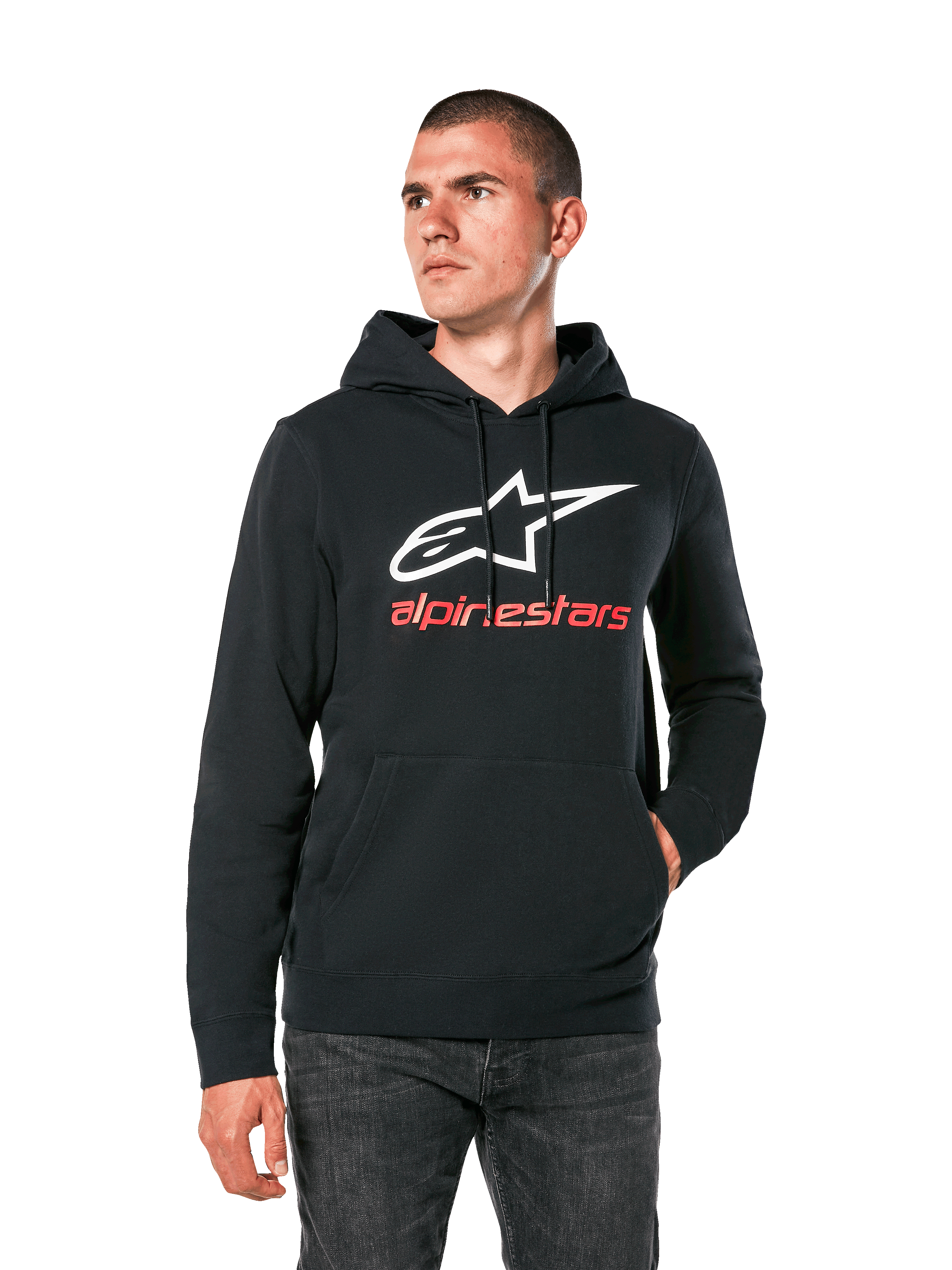 Alpinestars Always V3 Hoodie, hoodie casual preto com logótipo de estrela branca e texto alpinestars vermelho, design pullover com bolso canguru frontal, lifestyle motorsport streetwear