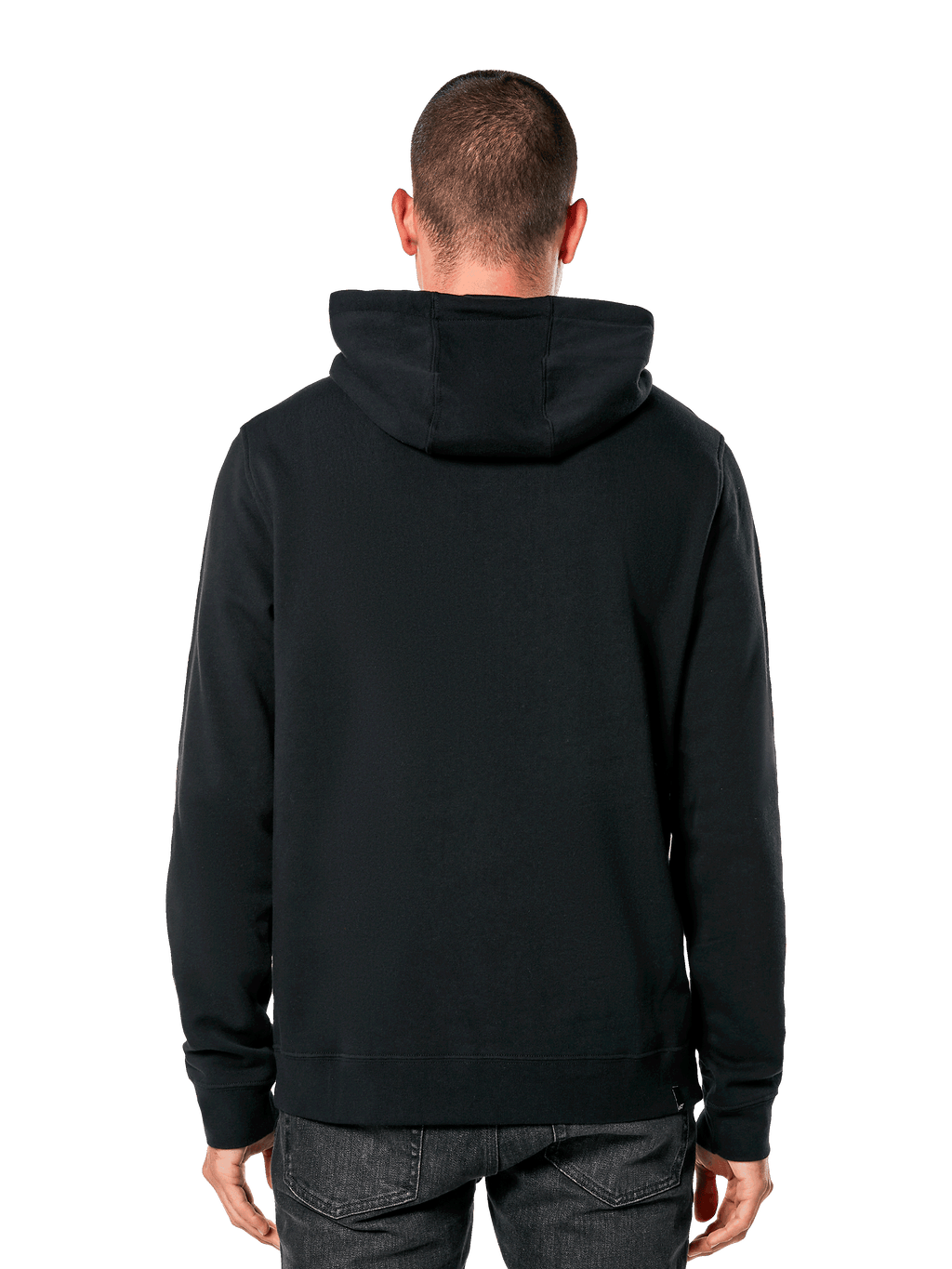 Alpinestars Blaze V3 Hoodie, vista traseira de homem a usar hoodie preto, punhos e bainha canelados, capuz forrado em jersey, streetwear casual inspirado no desporto motorizado