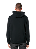 Alpinestars Blaze V3 Hoodie, vista traseira de homem a usar hoodie preto, punhos e bainha canelados, capuz forrado em jersey, streetwear casual inspirado no desporto motorizado