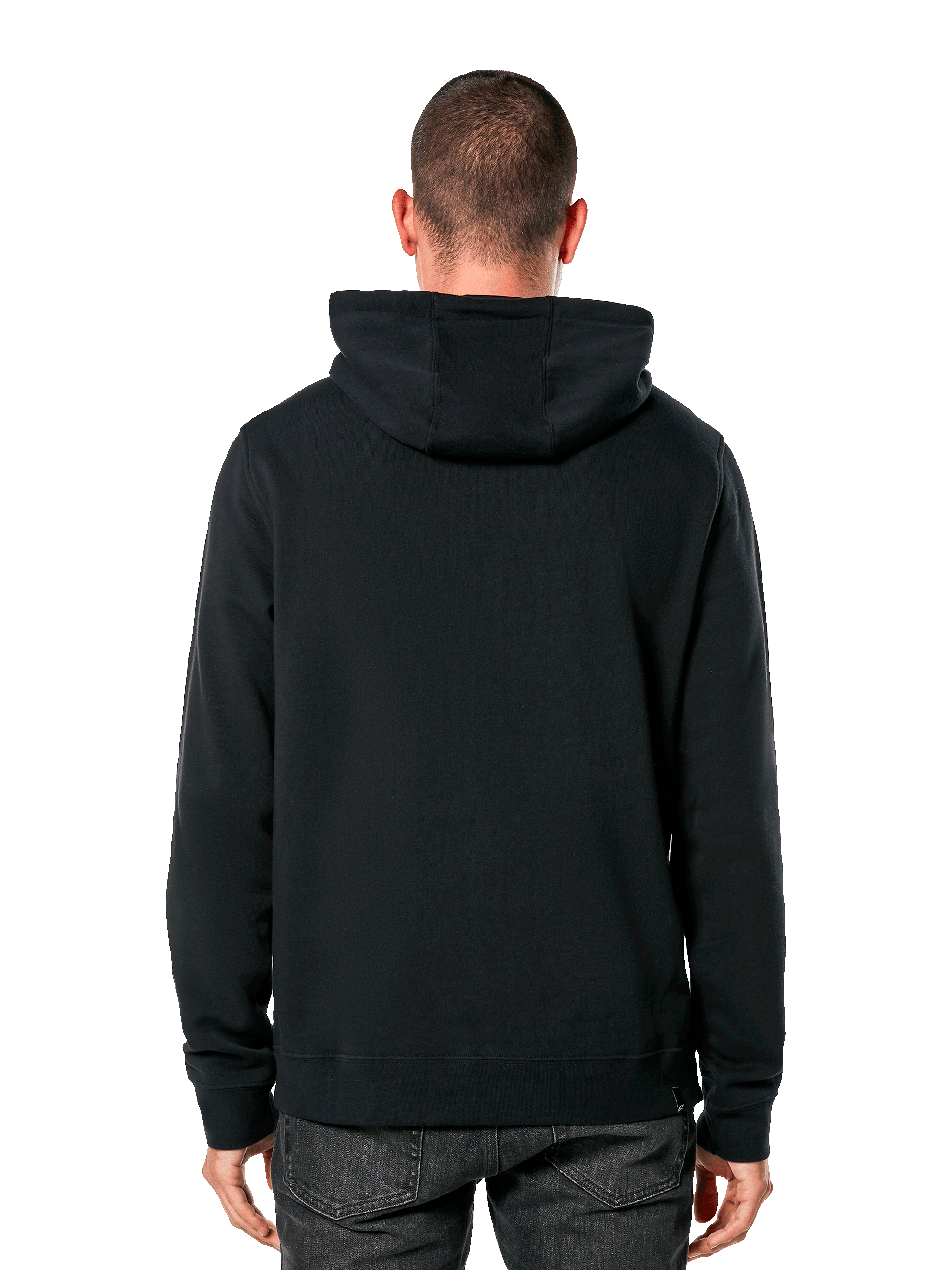 Alpinestars Blaze V3 Hoodie, vista traseira de homem a usar hoodie preto, punhos e bainha canelados, capuz forrado em jersey, streetwear casual inspirado no desporto motorizado