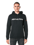 Alpinestars Linear Wordmark V3 Hoodie, Black Pullover Hoodie, White Alpinestars wordmark on chest, Red Ageless sleeve logo, front kangaroo pocket, drawstring hood, worn by a male model, casual motorsport-inspired streetwear