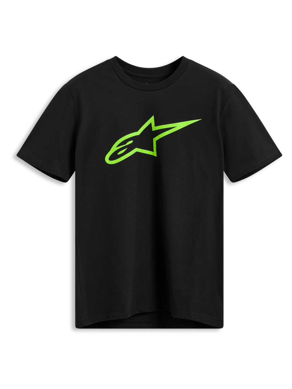 T-shirt Alpinestars Ageless 2.0 CSF, t-shirt de manga curta, preta com logótipo Alpinestars Astar em verde lima, vestuário casual de estilo motorsport