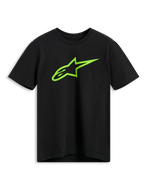 T-shirt Alpinestars Ageless 2.0 CSF, t-shirt de manga curta, preta com logótipo Alpinestars Astar em verde lima, vestuário casual de estilo motorsport