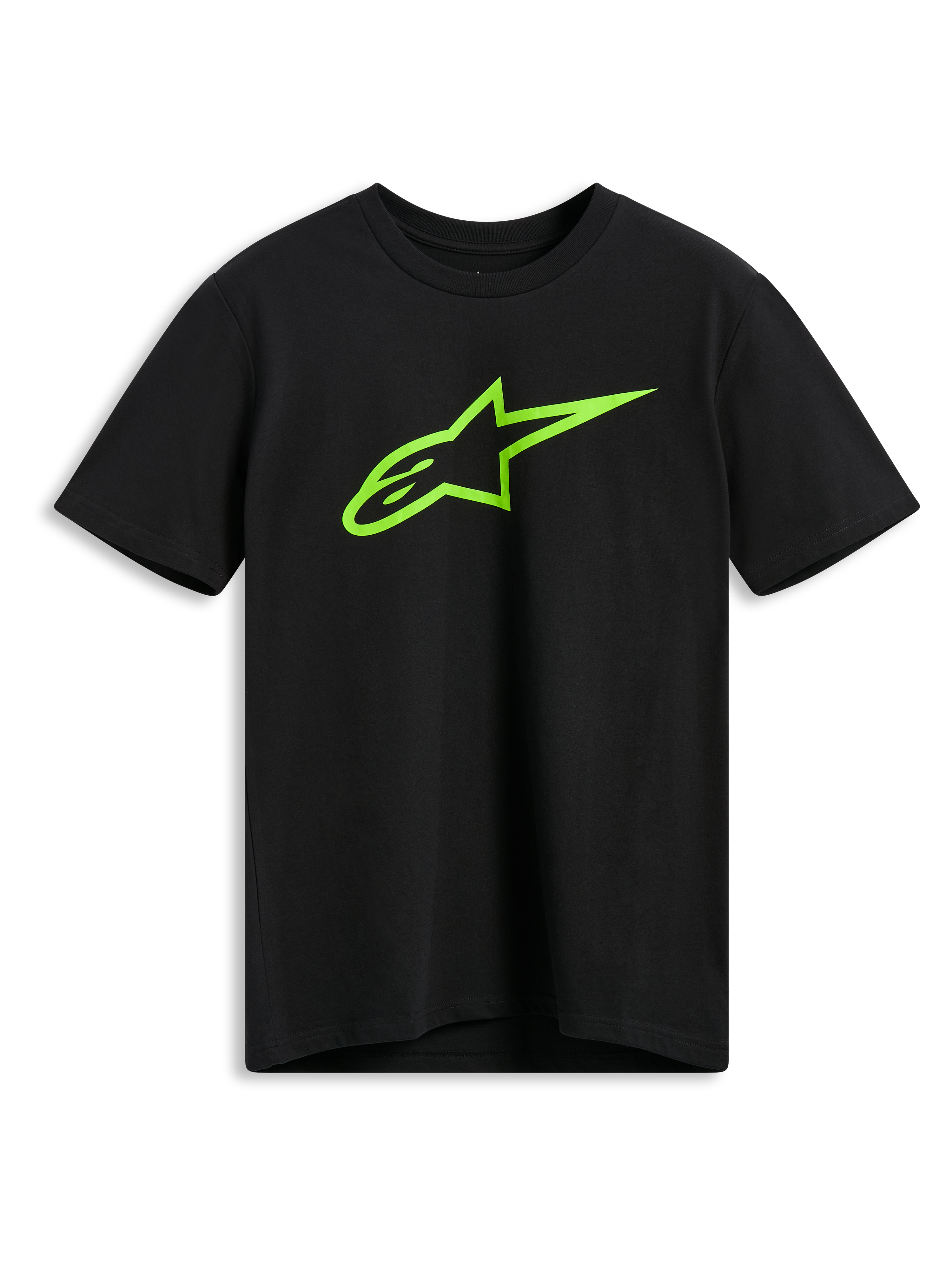 T-shirt Alpinestars Ageless 2.0 CSF, t-shirt de manga curta, preta com logótipo Alpinestars Astar em verde lima, vestuário casual de estilo motorsport