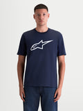 Alpinestars Ageless 2.0 CSF Tee, t-shirt de manga curta unissexo, azul marinho e branca, mistura de algodão e poliéster com logótipo frontal de toque suave, vista frontal em modelo.
