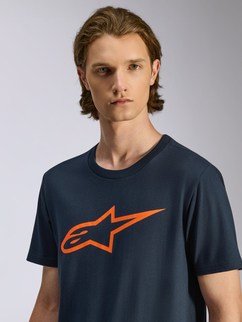 Alpinestars Ageless 2.0 CSF Tee, Short Sleeve T-Shirt, Navy Blue with Orange Alpinestars MX Helmet Art Star Logo, Casual Motorsport-Inspired Streetwear