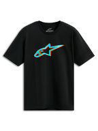 Alpinestars Ageless Shadow CSF Tee, t-shirt de manga curta, preta, logótipo Astars em sombra turquesa e laranja, streetwear casual de desportos motorizados