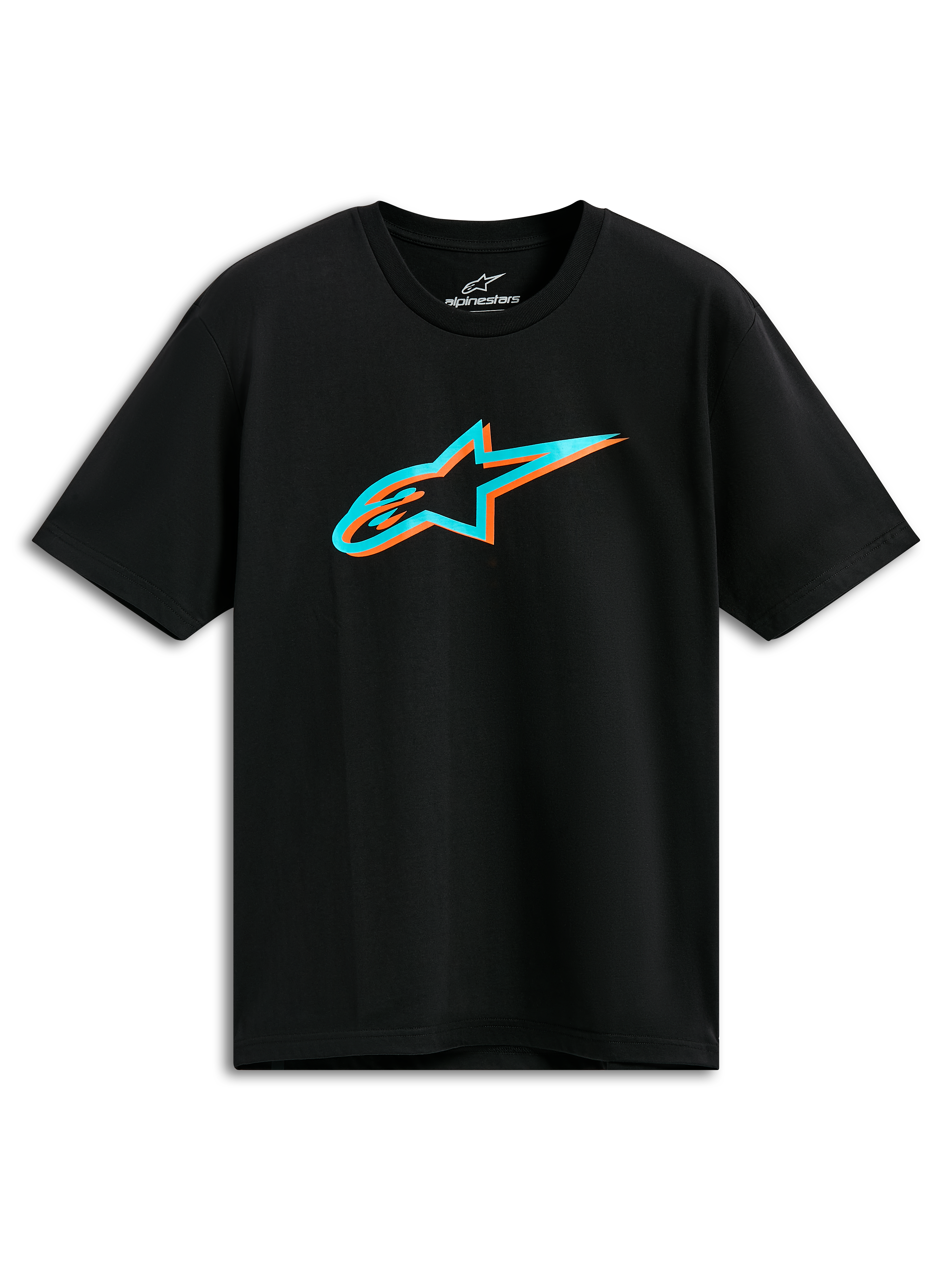 Alpinestars Ageless Shadow CSF Tee, t-shirt de manga curta, preta, logótipo Astars em sombra turquesa e laranja, streetwear casual de desportos motorizados