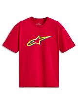 Alpinestars Ageless Shadow CSF Tee, t-shirt de manga curta, vermelha, com o logótipo Ageless em camadas amarelas e azuis no peito, estilo streetwear casual de motorsport
