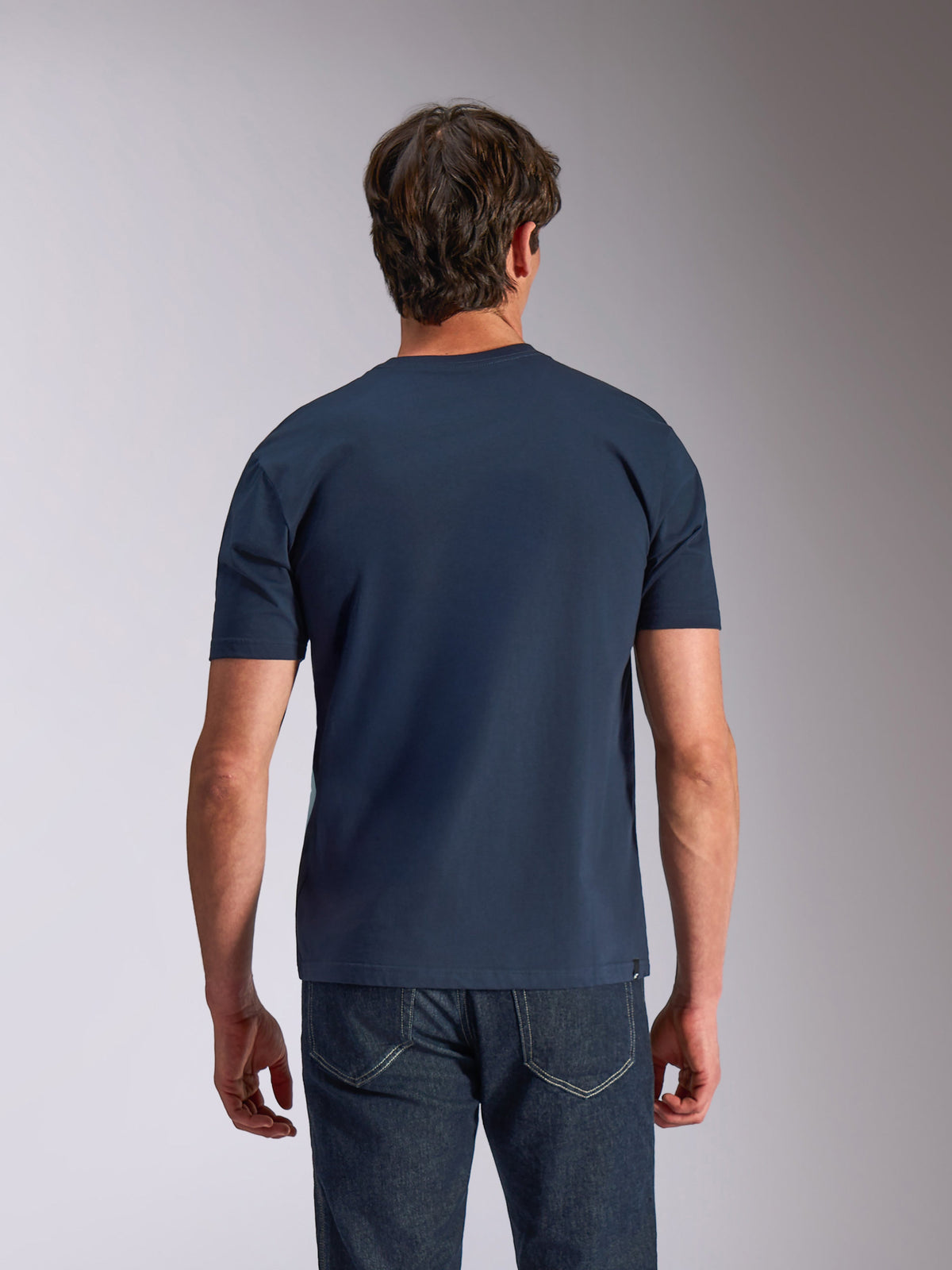Alpinestars Ageless Shadow CSF Tee, t-shirt de manga curta, azul marinho, vista traseira, usada por modelo com calças de ganga escuras, vestuário casual de estilo de vida motorsport