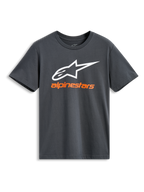 Alpinestars Always 2.0 CSF Tee, t-shirt de manga curta, cinzento carvão, grande logótipo Alpinestars branco com o nome da marca em cor de laranja, streetwear casual de desportos motorizados