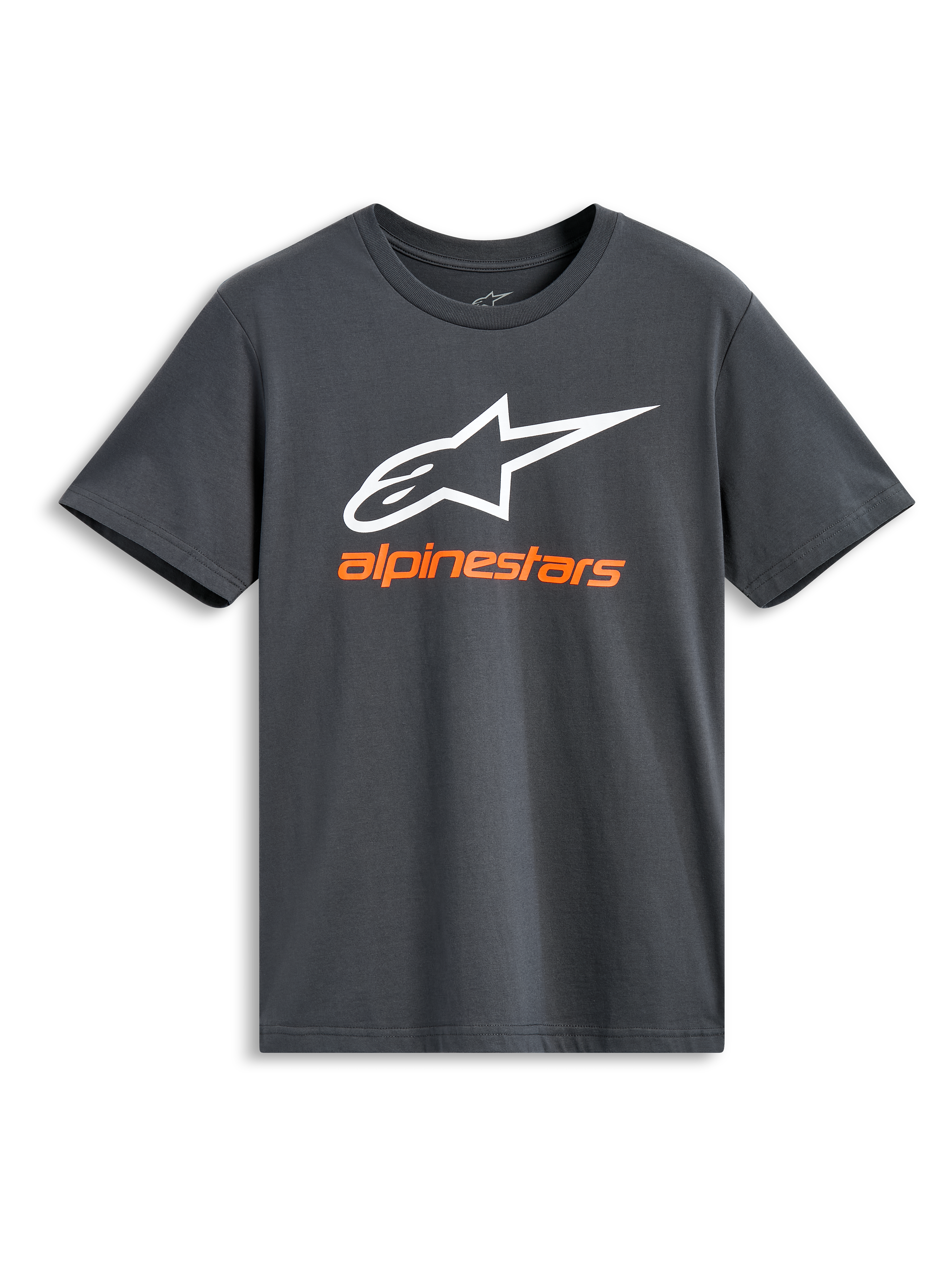 Alpinestars Always 2.0 CSF Tee, t-shirt de manga curta, cinzento carvão, grande logótipo Alpinestars branco com o nome da marca em cor de laranja, streetwear casual de desportos motorizados