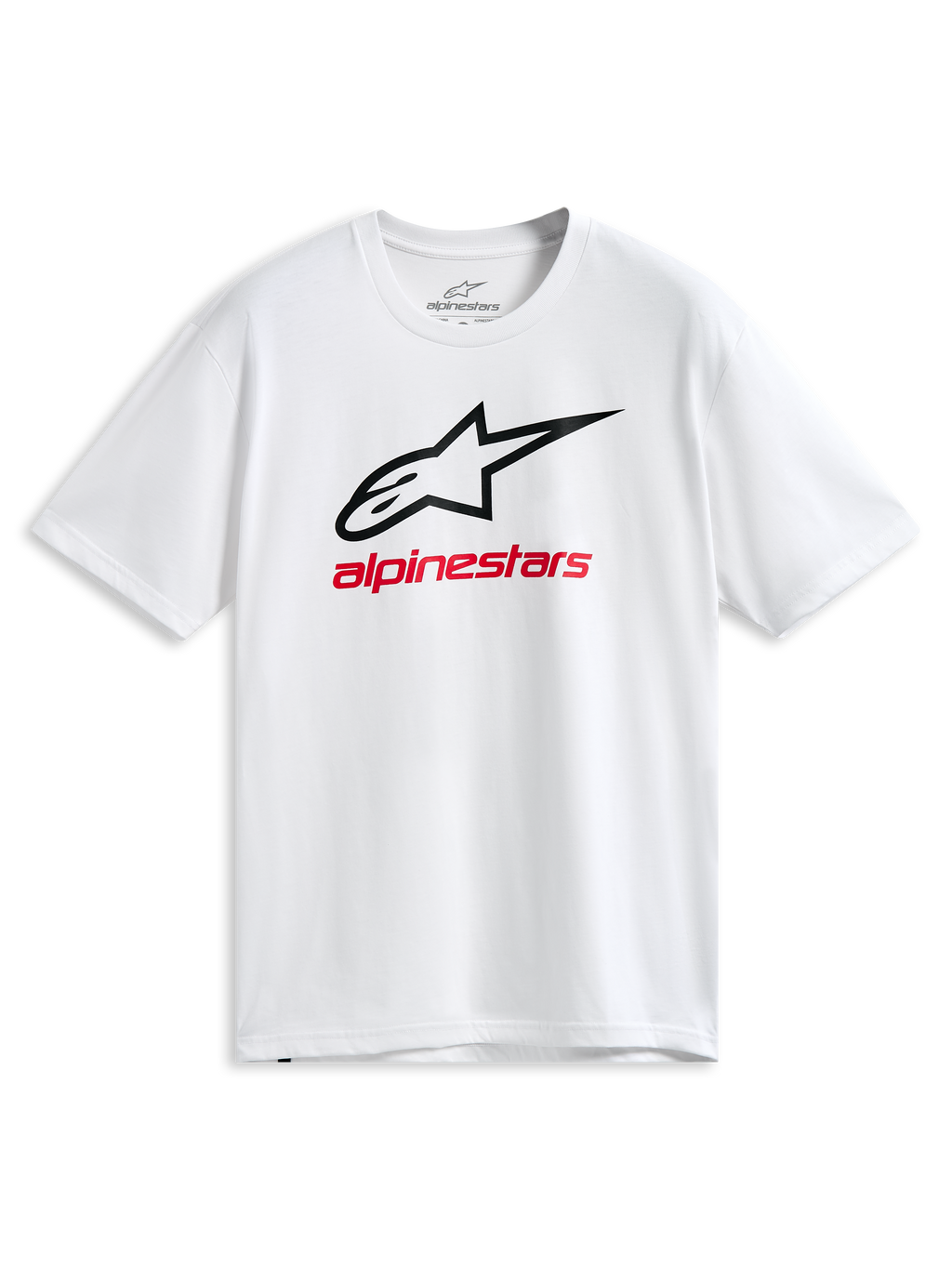 Alpinestars Always 2.0 CSF Tee, t-shirt de manga curta, branca, logótipo Astars com contorno preto e grafismo Alpinestars vermelho, vestuário desportivo casual de desportos motorizados
