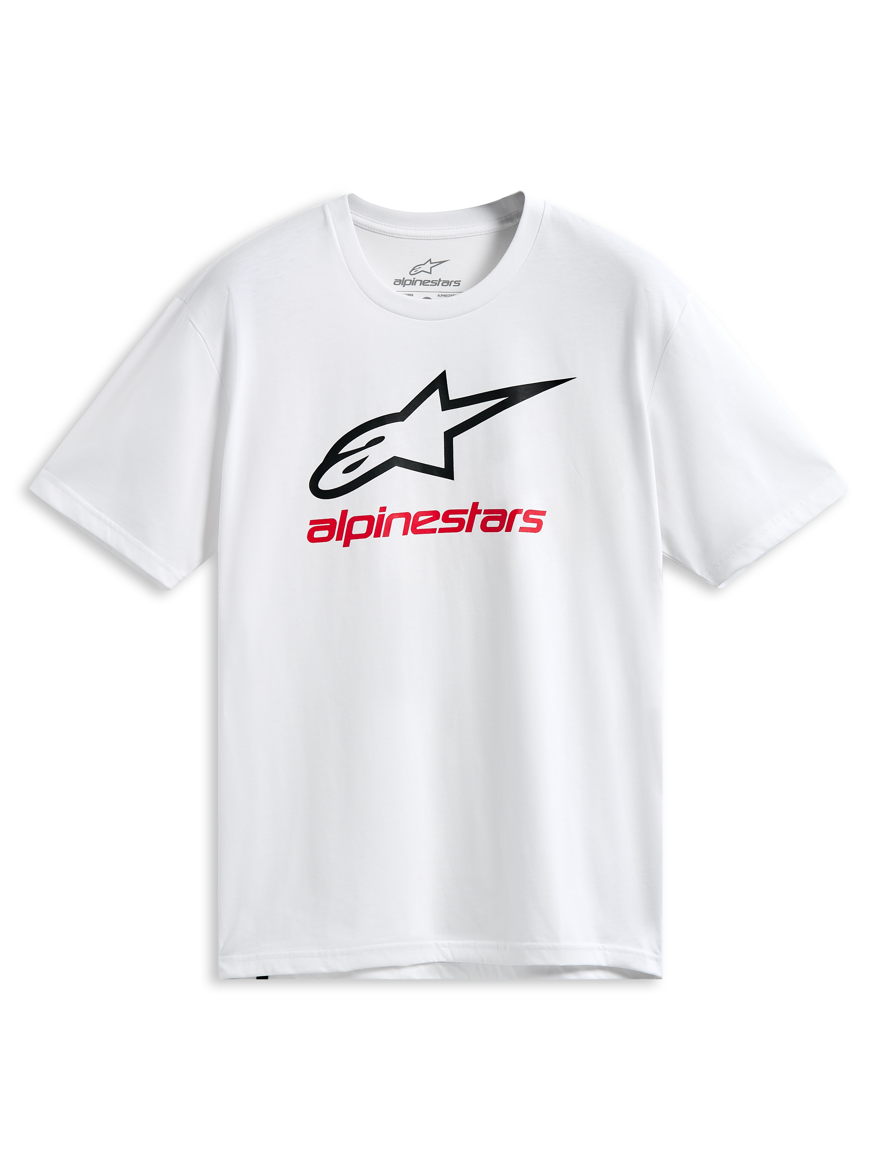 Alpinestars Always 2.0 CSF Tee, t-shirt de manga curta, branca, logótipo Astars com contorno preto e grafismo Alpinestars vermelho, vestuário desportivo casual de desportos motorizados