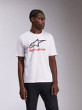 Alpinestars Always 2.0 CSF Tee, t-shirt de manga curta, branca, logótipo Alpinestars preto e texto vermelho, vestuário desportivo casual de desportos motorizados
