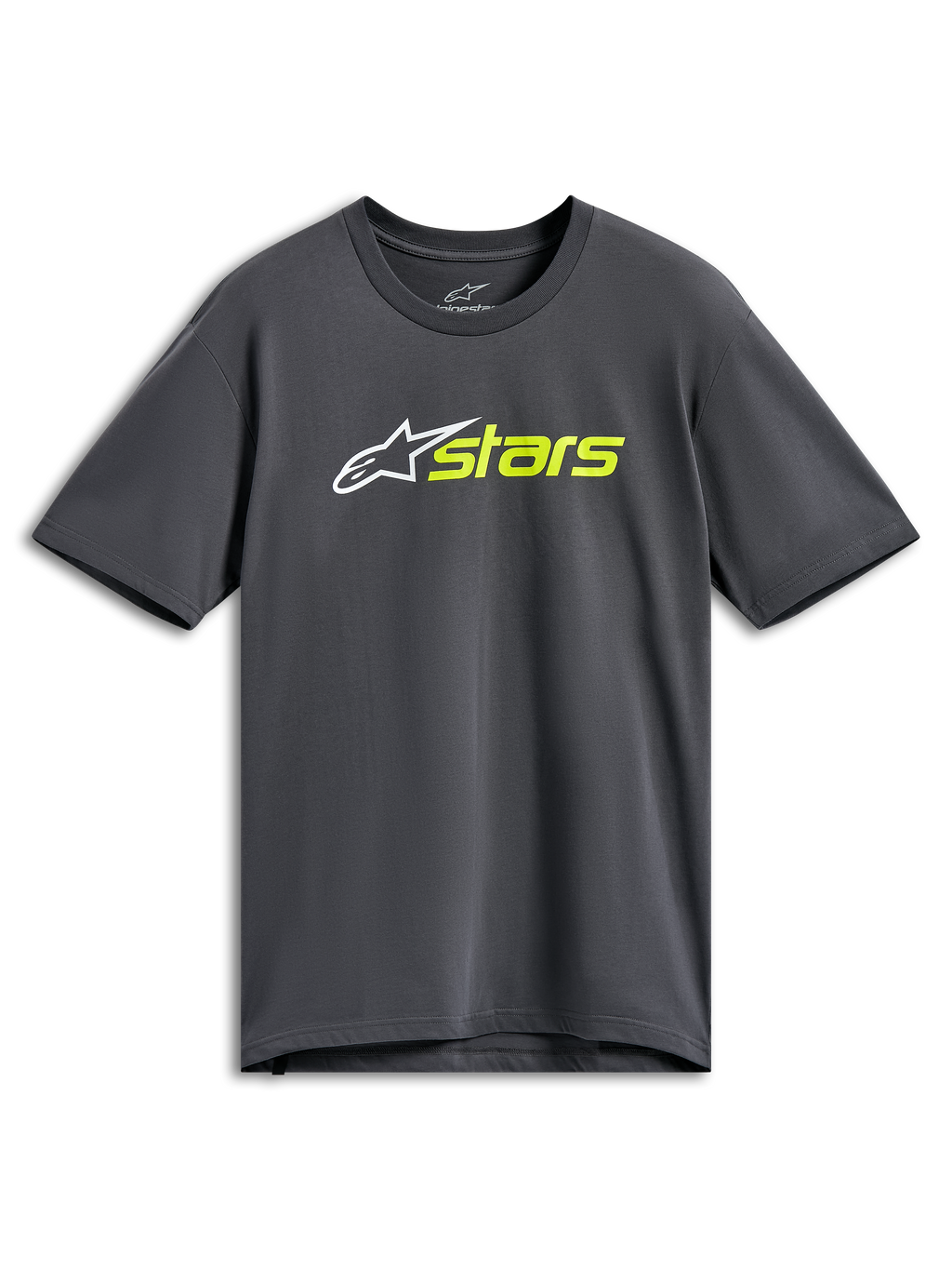 Alpinestars Blaze 2.0 CSF Tee, t-shirt de manga curta, cinzento carvão, logótipo de estrela branco com texto "stars" em amarelo néon, streetwear casual de desporto motorizado