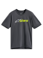 Alpinestars Blaze 2.0 CSF Tee, t-shirt de manga curta, cinzento carvão, logótipo de estrela branco com texto "stars" em amarelo néon, streetwear casual de desporto motorizado