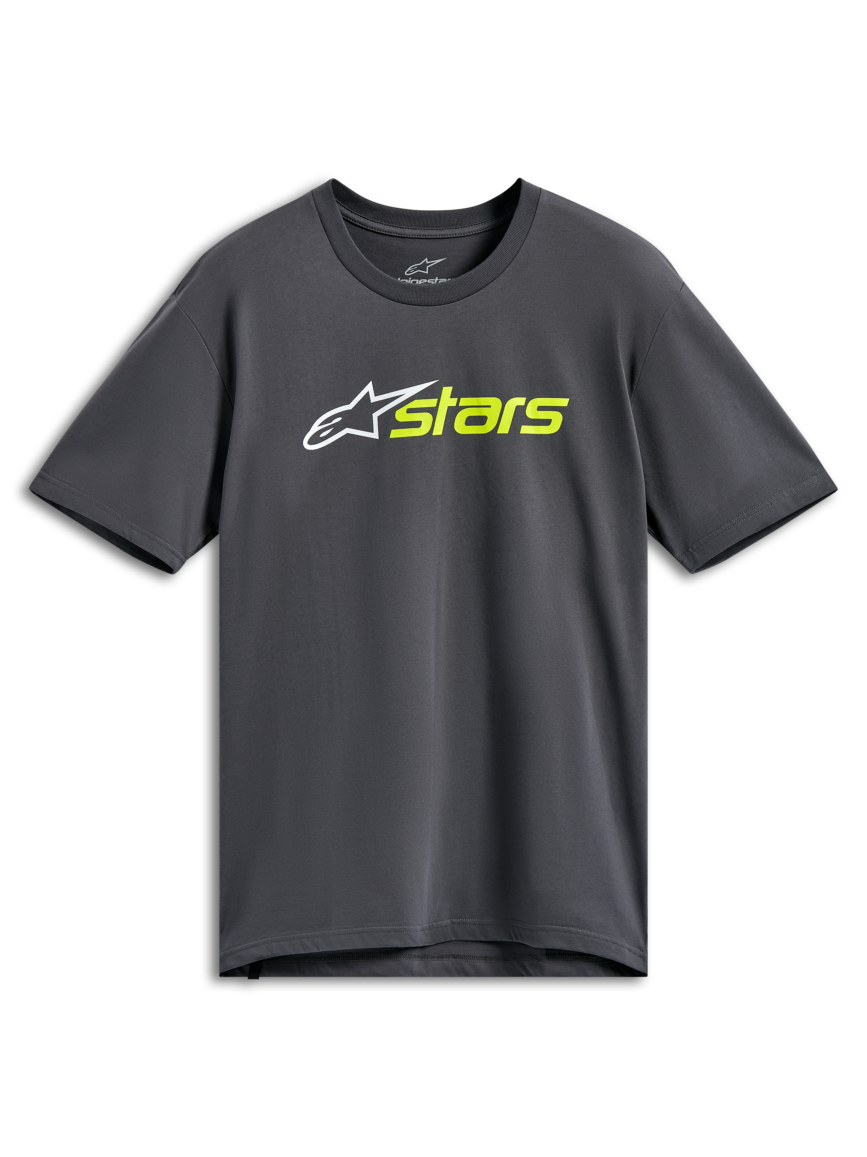 Alpinestars Blaze 2.0 CSF Tee, t-shirt de manga curta, cinzento carvão, logótipo de estrela branco com texto "stars" em amarelo néon, streetwear casual de desporto motorizado