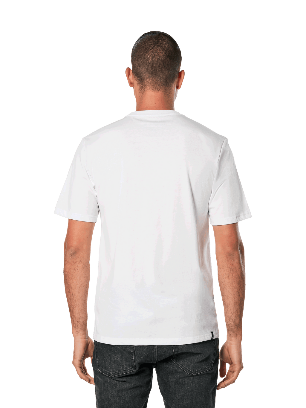 Alpinestars Blaze 2.0 CSF Tee, t-shirt de manga curta, branco e azul marinho, vista traseira de um homem a usar uma t-shirt branca lisa com calças pretas, streetwear casual de desportos motorizados