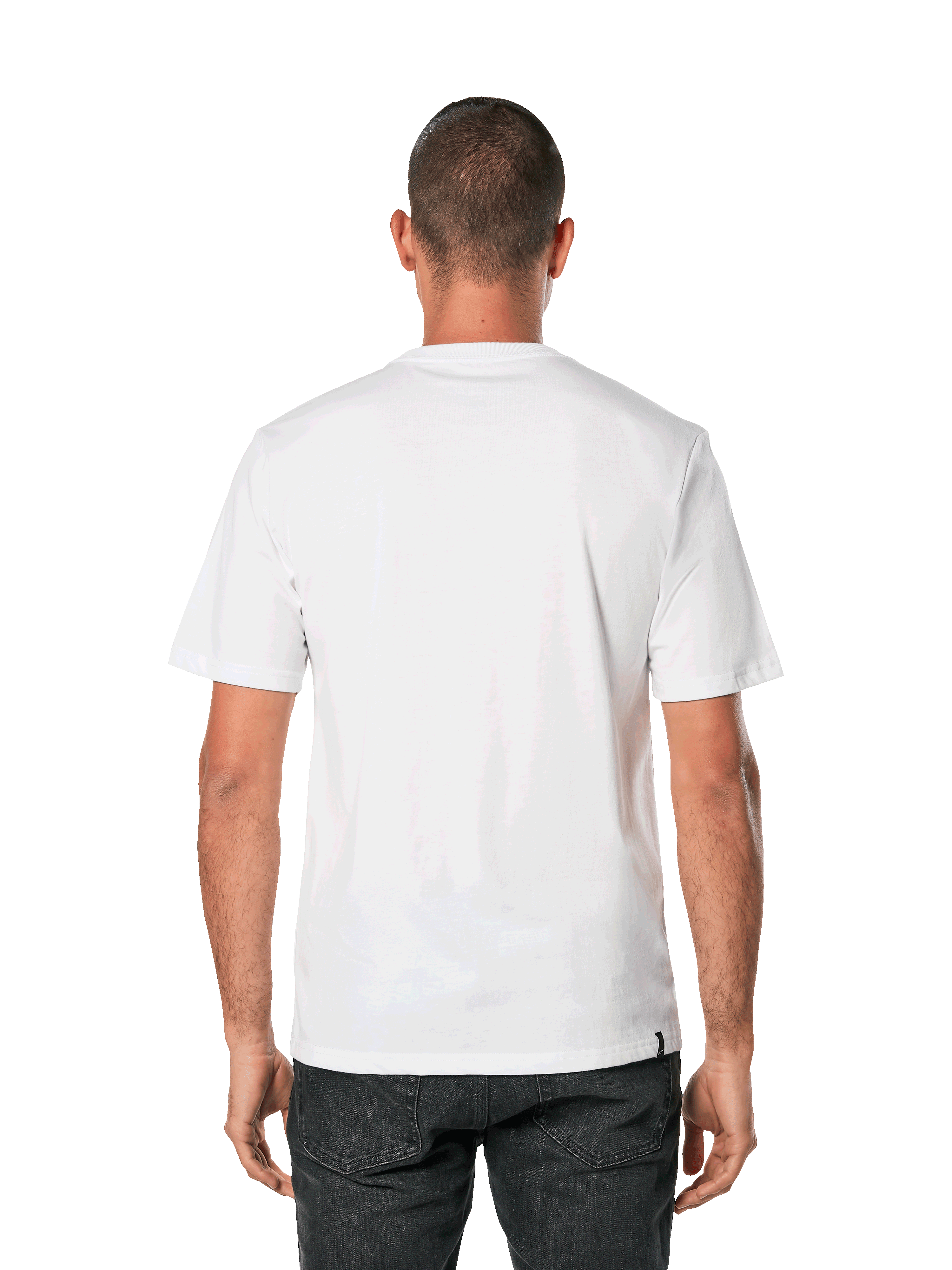 Alpinestars Blaze 2.0 CSF Tee, t-shirt de manga curta, branco e azul marinho, vista traseira de um homem a usar uma t-shirt branca lisa com calças pretas, streetwear casual de desportos motorizados
