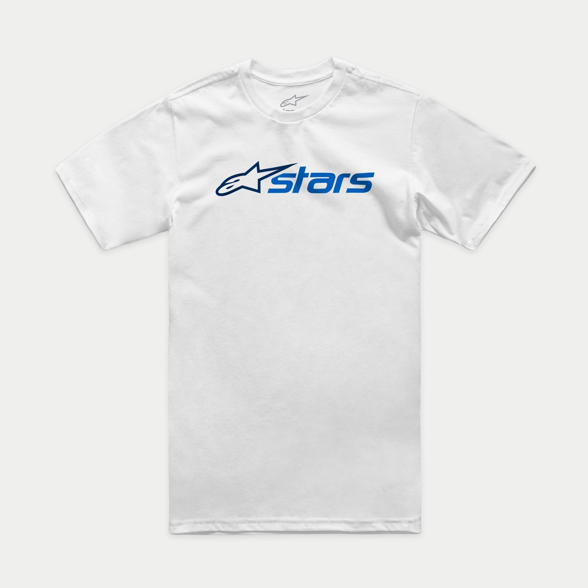 Alpinestars Blaze 2.0 CSF Tee, t-shirt de manga curta branca, logótipo Astars em azul marinho, streetwear casual de desportos motorizados