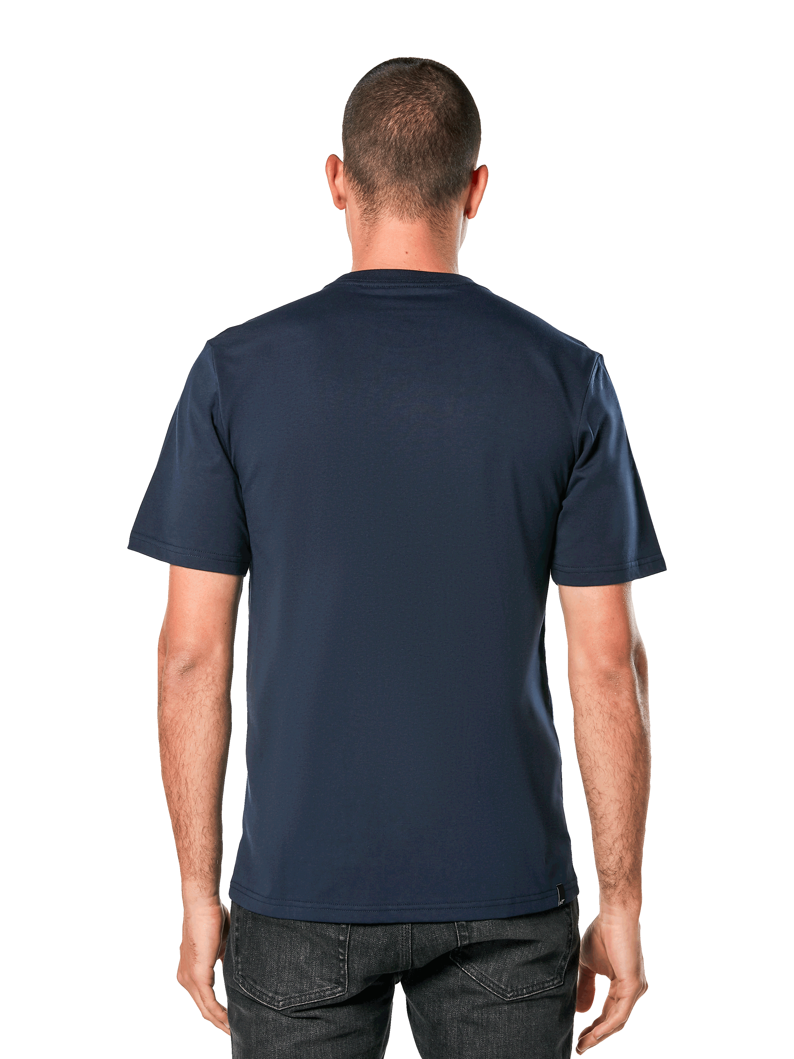 Alpinestars Blaze 2.0 CSF Tee, Short Sleeve T-Shirt, Navy, back view on model, casual motorsport-inspired streetwear