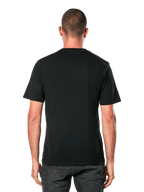 Alpinestars Ride 4.0 CSF Tee, back view, black short sleeve t-shirt, casual motorsport-inspired sportswear, worn by man with dark jeans