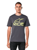 Alpinestars Ride 4.0 CSF Tee, Short Sleeve T-Shirt, Charcoal with Lime Yellow Astars and Ride logo, casual motorsport streetwear, worn by a model with dark jeans against a white background