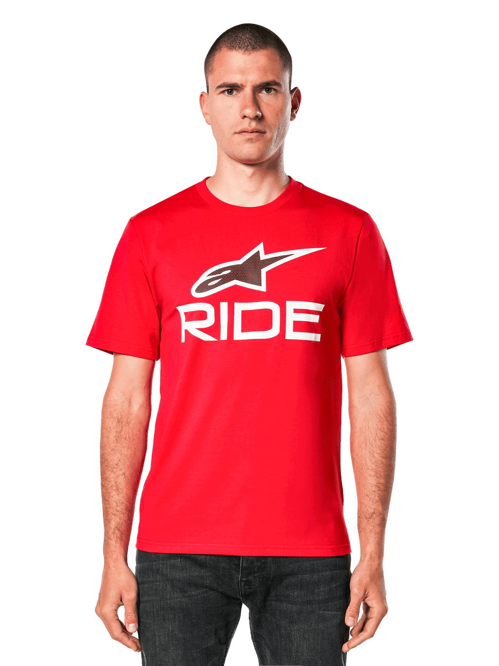 Alpinestars Ride 4.0 CSF Tee, Red short-sleeve t-shirt, white Alpinestars star logo and "RIDE" graphic on chest, front view on model, casual motorsport apparel