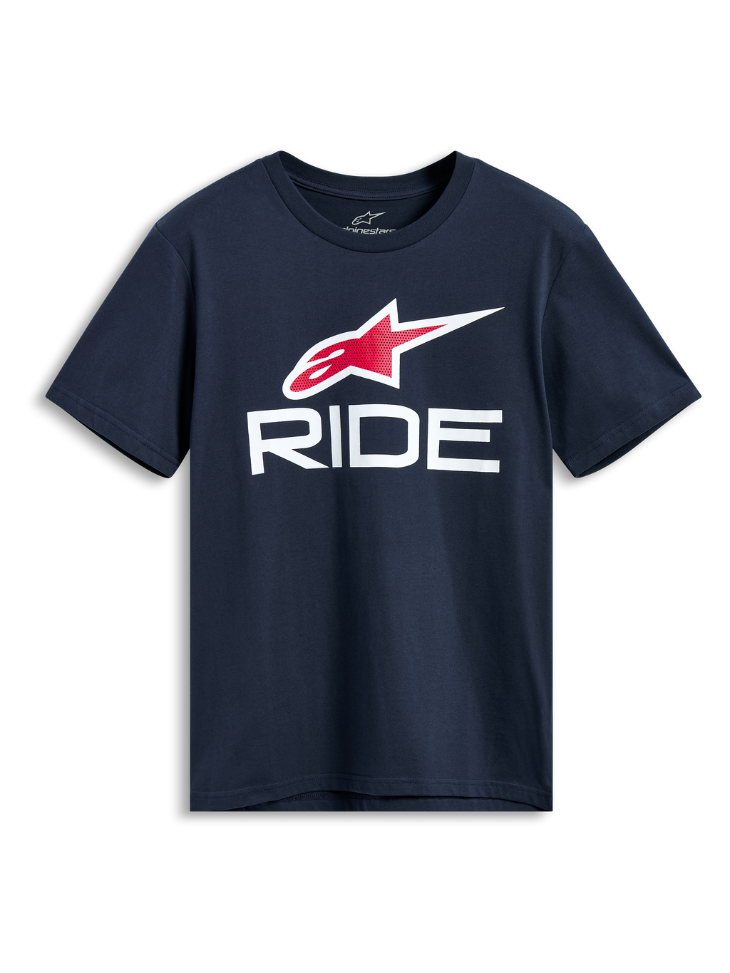 Alpinestars Ride 4.0 CSF Tee, T-shirt de manga curta, azul marinho, logótipo Astars em vermelho e branco com grafismo RIDE em branco, streetwear casual de motorsport