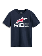 Alpinestars Ride 4.0 CSF Tee, T-shirt de manga curta, azul marinho, logótipo Astars em vermelho e branco com grafismo RIDE em branco, streetwear casual de motorsport