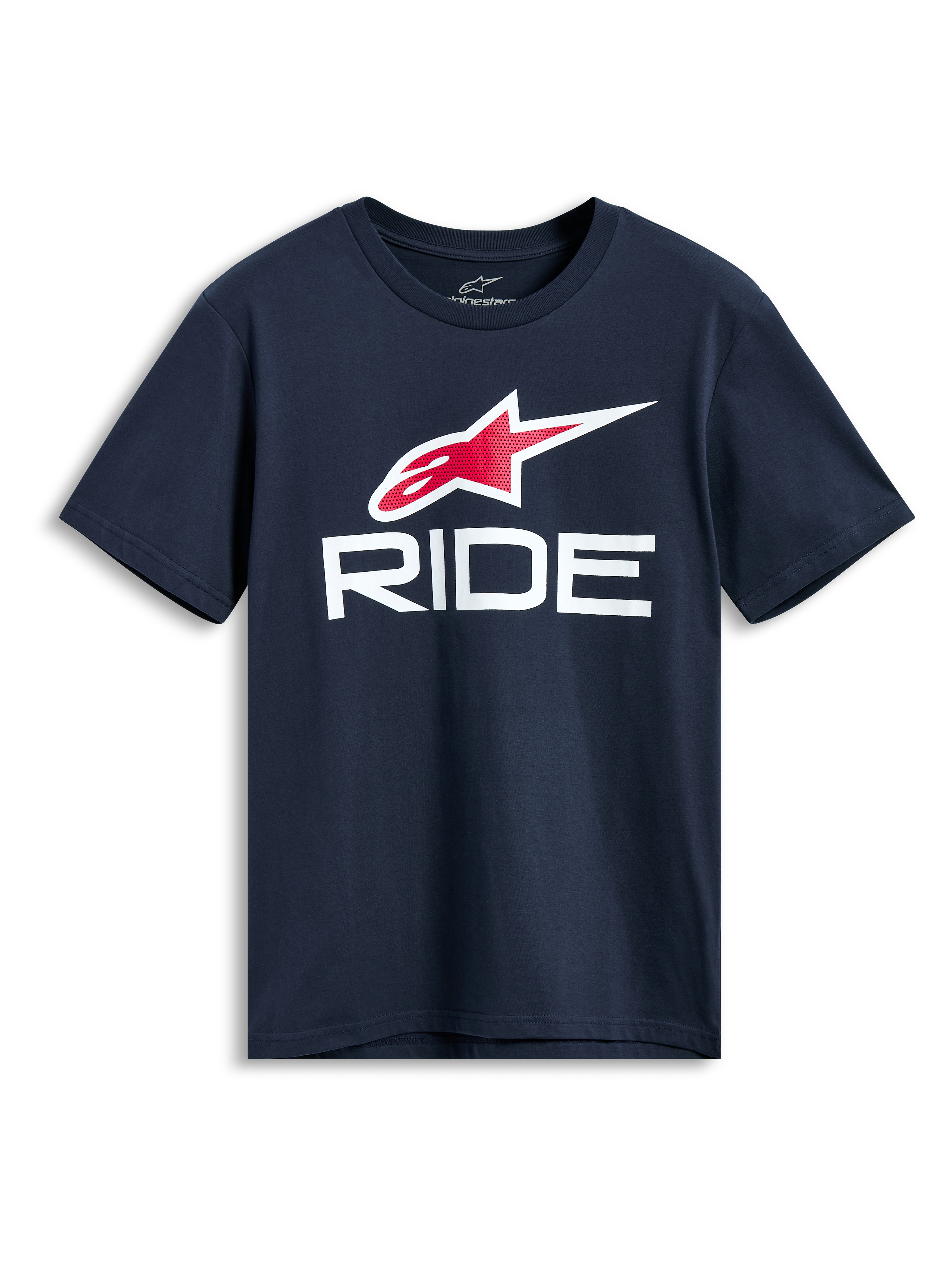 Alpinestars Ride 4.0 CSF Tee, T-shirt de manga curta, azul marinho, logótipo Astars em vermelho e branco com grafismo RIDE em branco, streetwear casual de motorsport