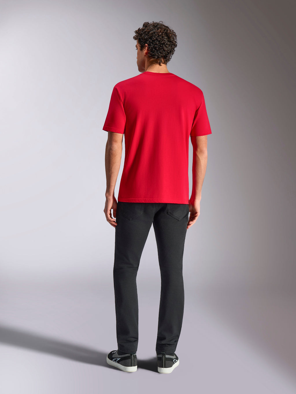 Alpinestars Ride 4.0 CSF Tee, Short Sleeve T-Shirt, Red, Back view, worn with black pants and black sneakers, casual motorsport streetwear