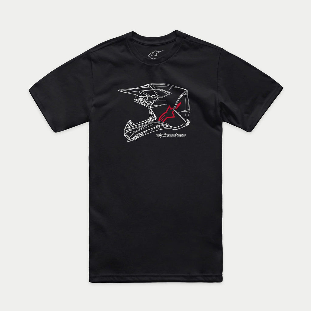Alpinestars MX Helmet CSF Tee, Short Sleeve T-Shirt, Black, White wireframe MX helmet art with red Alpinestars logo and text, Casual Motorsport Streetwear