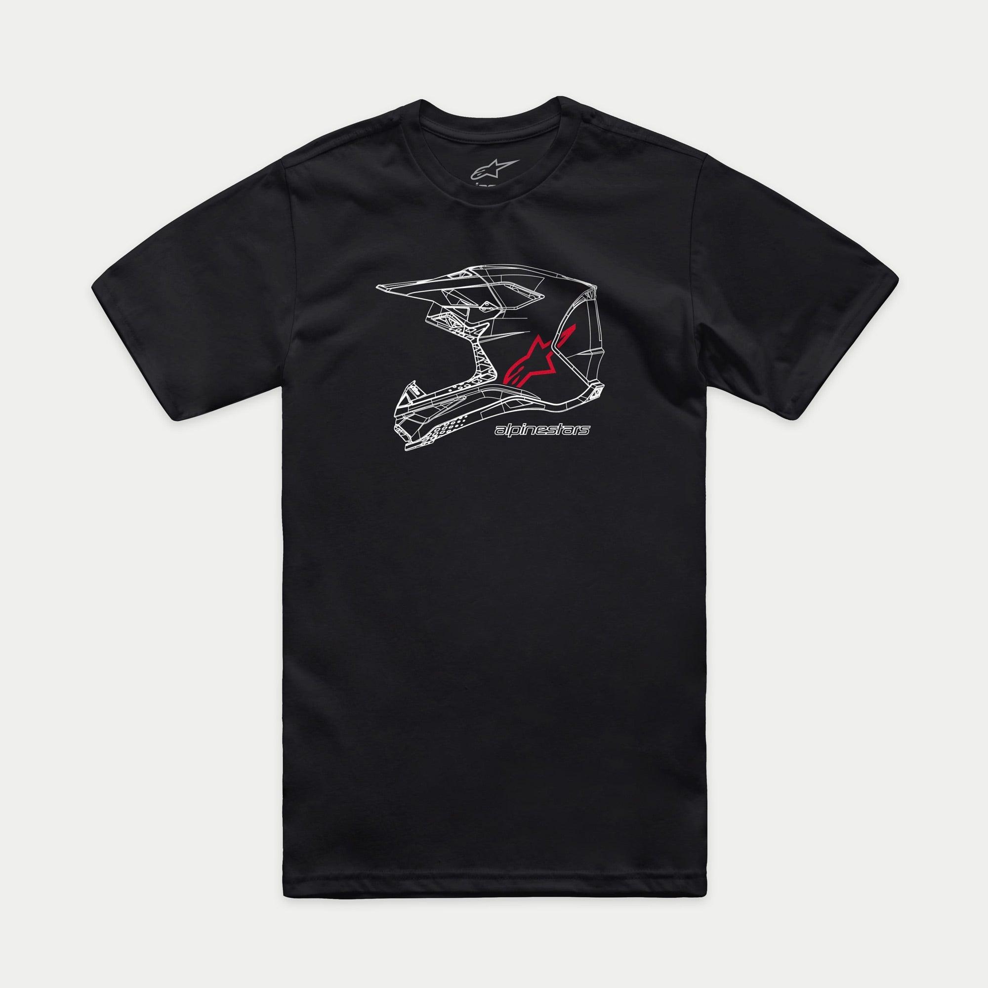 Alpinestars MX Helmet CSF Tee, Short Sleeve T-Shirt, Black, White wireframe MX helmet art with red Alpinestars logo and text, Casual Motorsport Streetwear