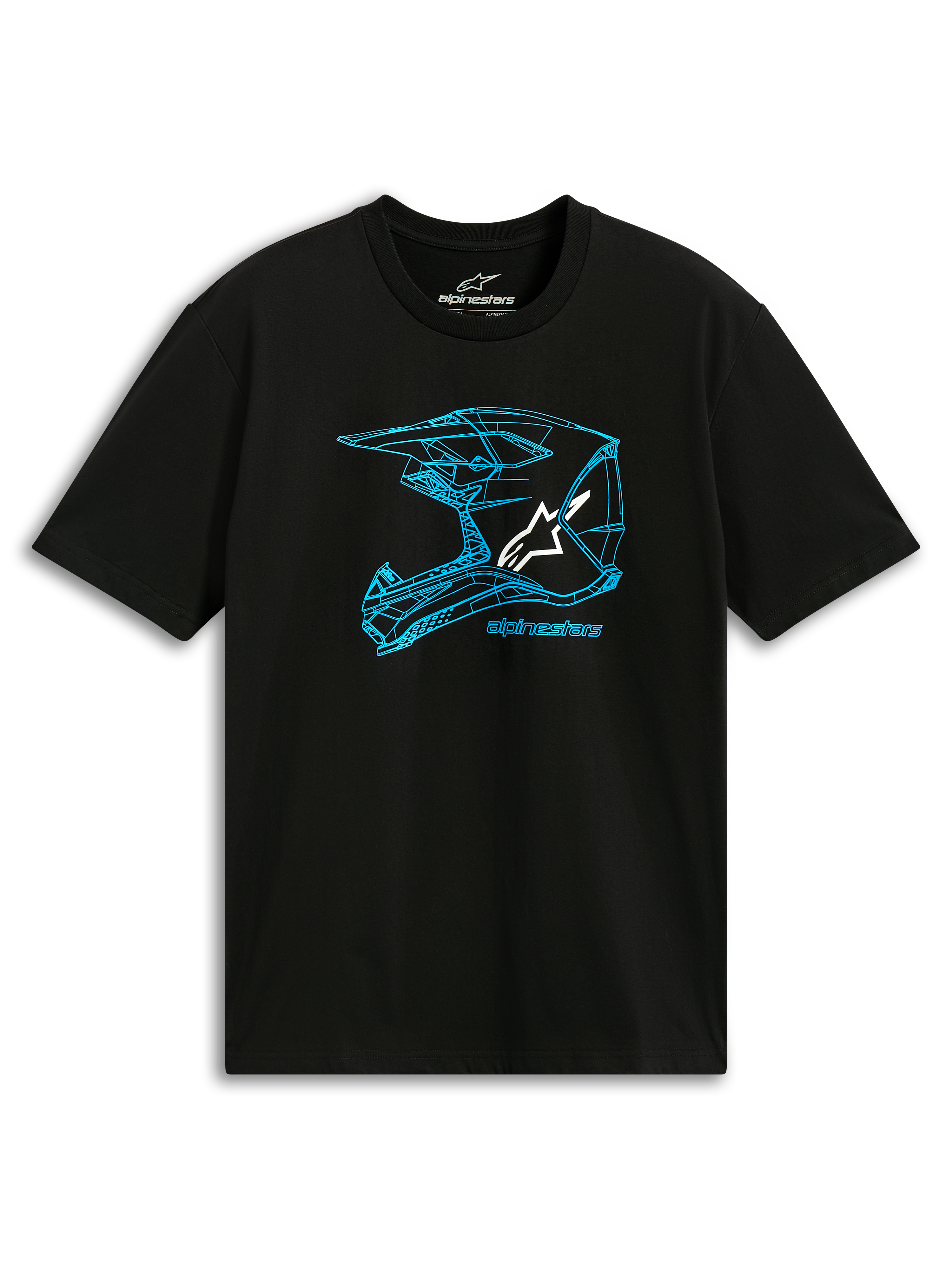 Alpinestars CSF Tee, T-shirt de manga curta, preta e azul, gráfico com o contorno de um capacete de MX em azul e logótipo branco, sportswear casual de desportos motorizados