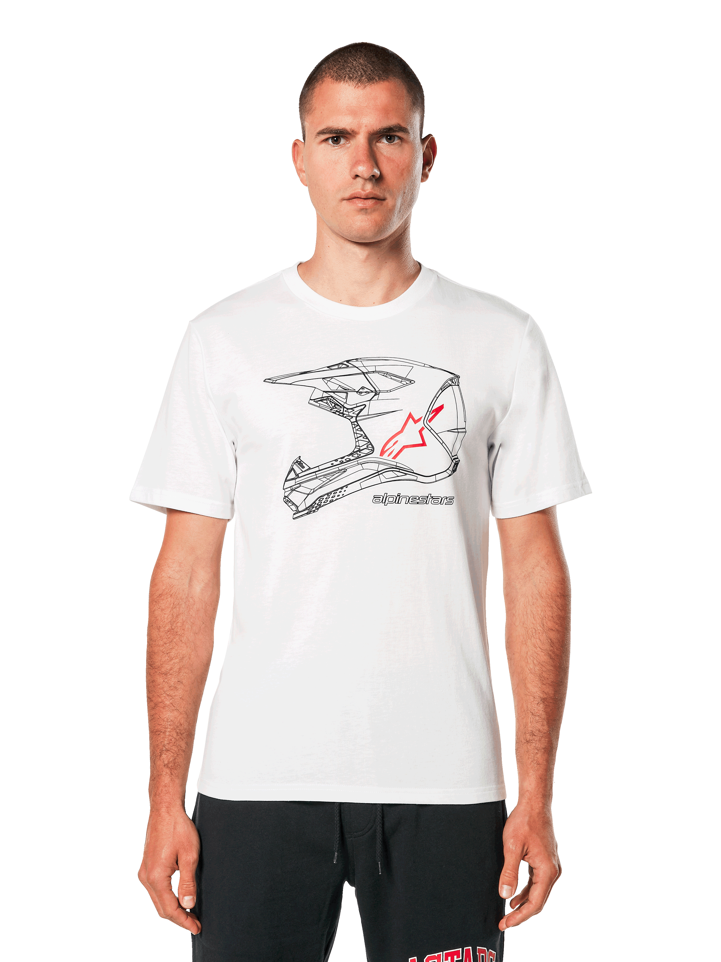 Alpinestars MX Helmet CSF Tee, White Short Sleeve T-Shirt, black wireframe motocross helmet graphic with red star logo, casual motorsport-inspired streetwear, worn by a model