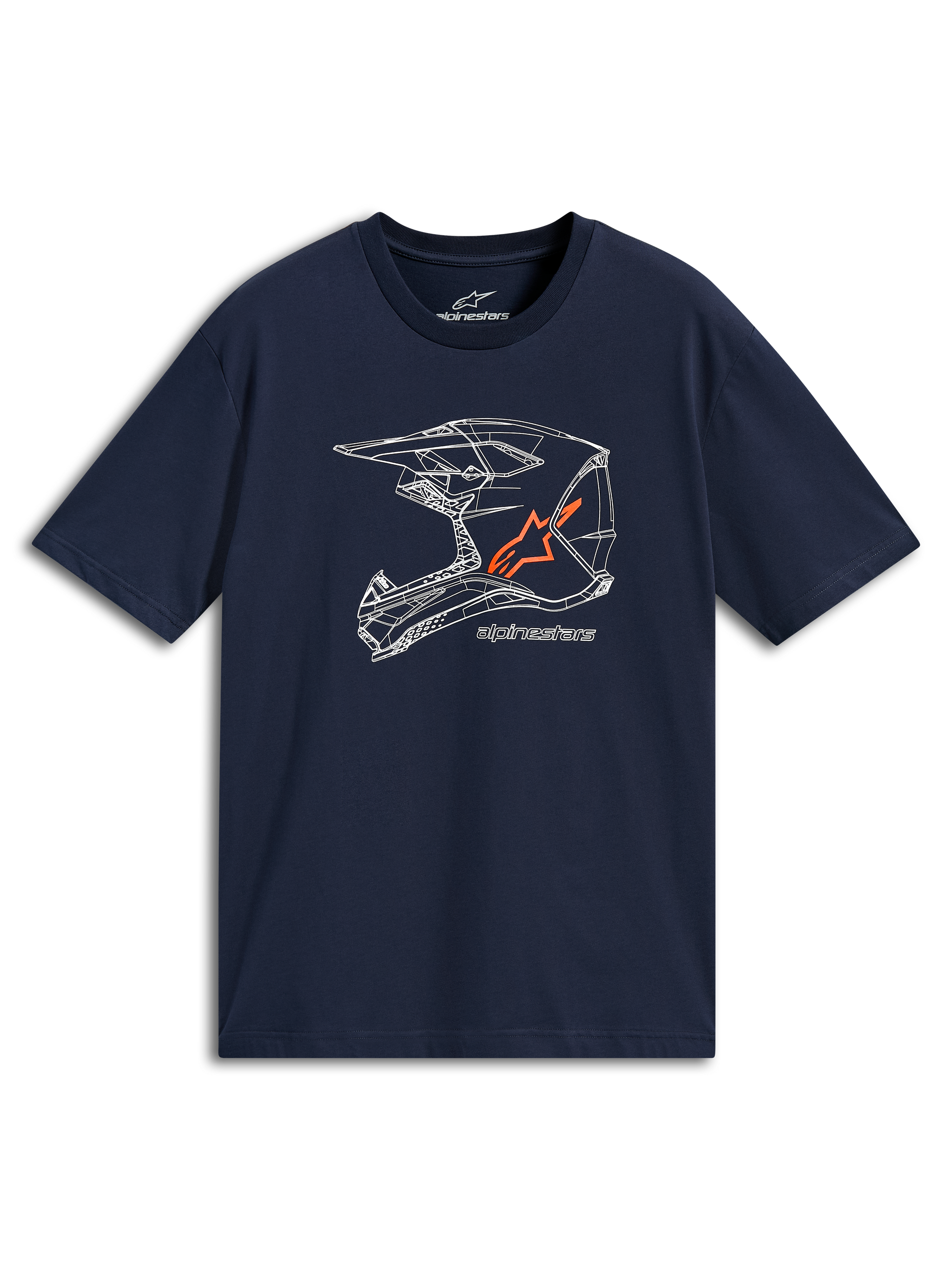 Alpinestars MX Helmet CSF Tee, t-shirt de manga curta, azul-marinho, gráfico de linhas de capacete de MX branco com logótipo laranja, vestuário desportivo casual de motorsport