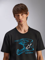 Alpinestars CSF Tee, t-shirt de manga curta, preta, gráfico de capacete de motocross azul com logótipo branco, vestuário desportivo casual de motorsport