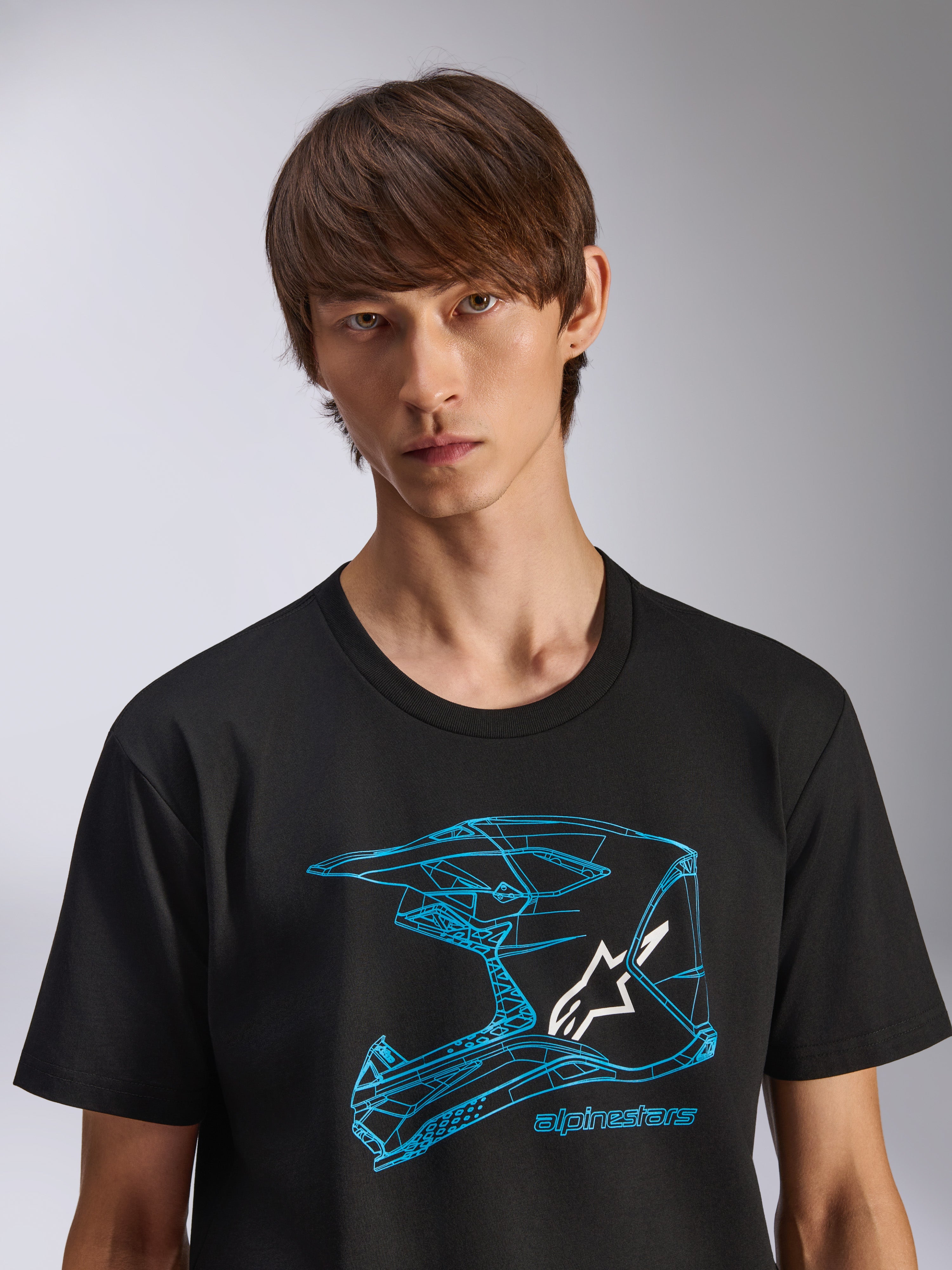 Alpinestars CSF Tee, t-shirt de manga curta, preta, gráfico de capacete de motocross azul com logótipo branco, vestuário desportivo casual de motorsport