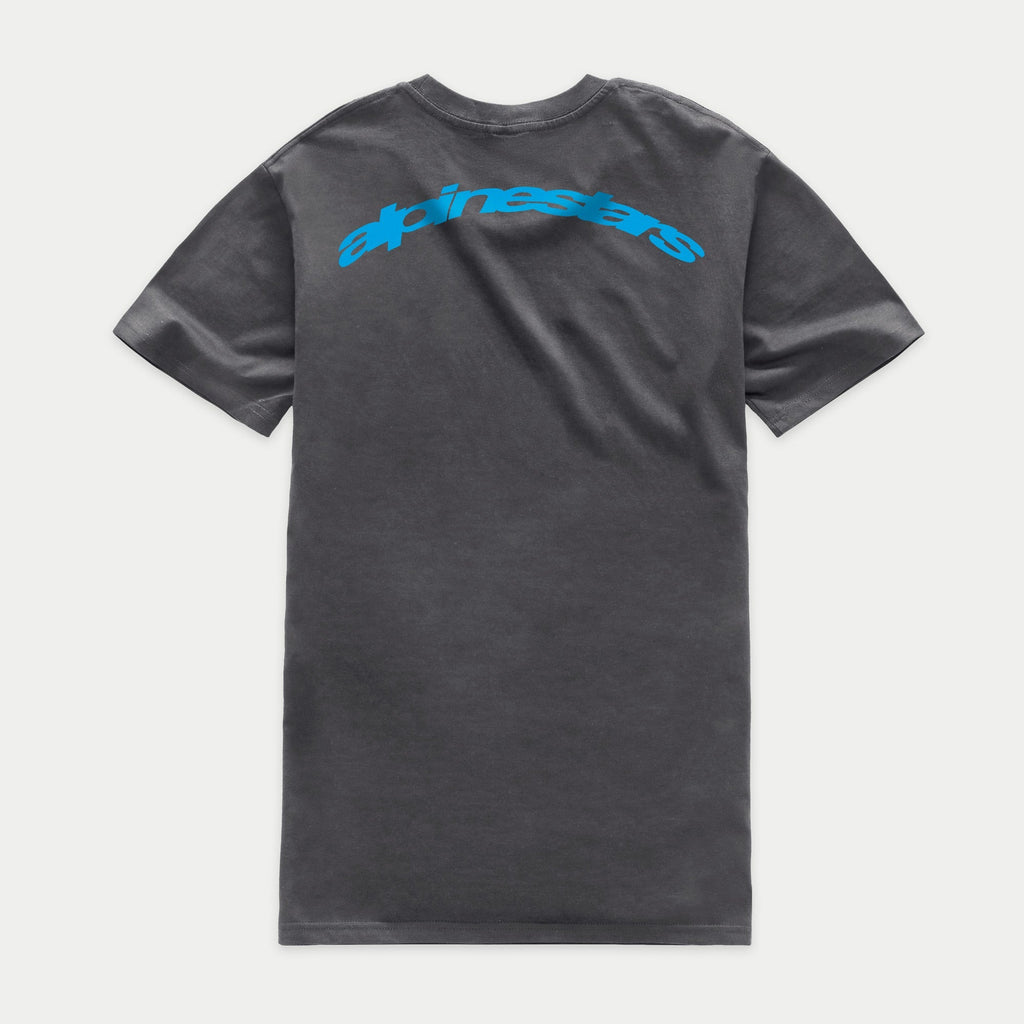 Alpinestars Horizon CSF Tee, T-shirt de manga curta, cinzento escuro, vista traseira com logótipo Alpinestars em arco azul sobre os ombros, roupa desportiva casual