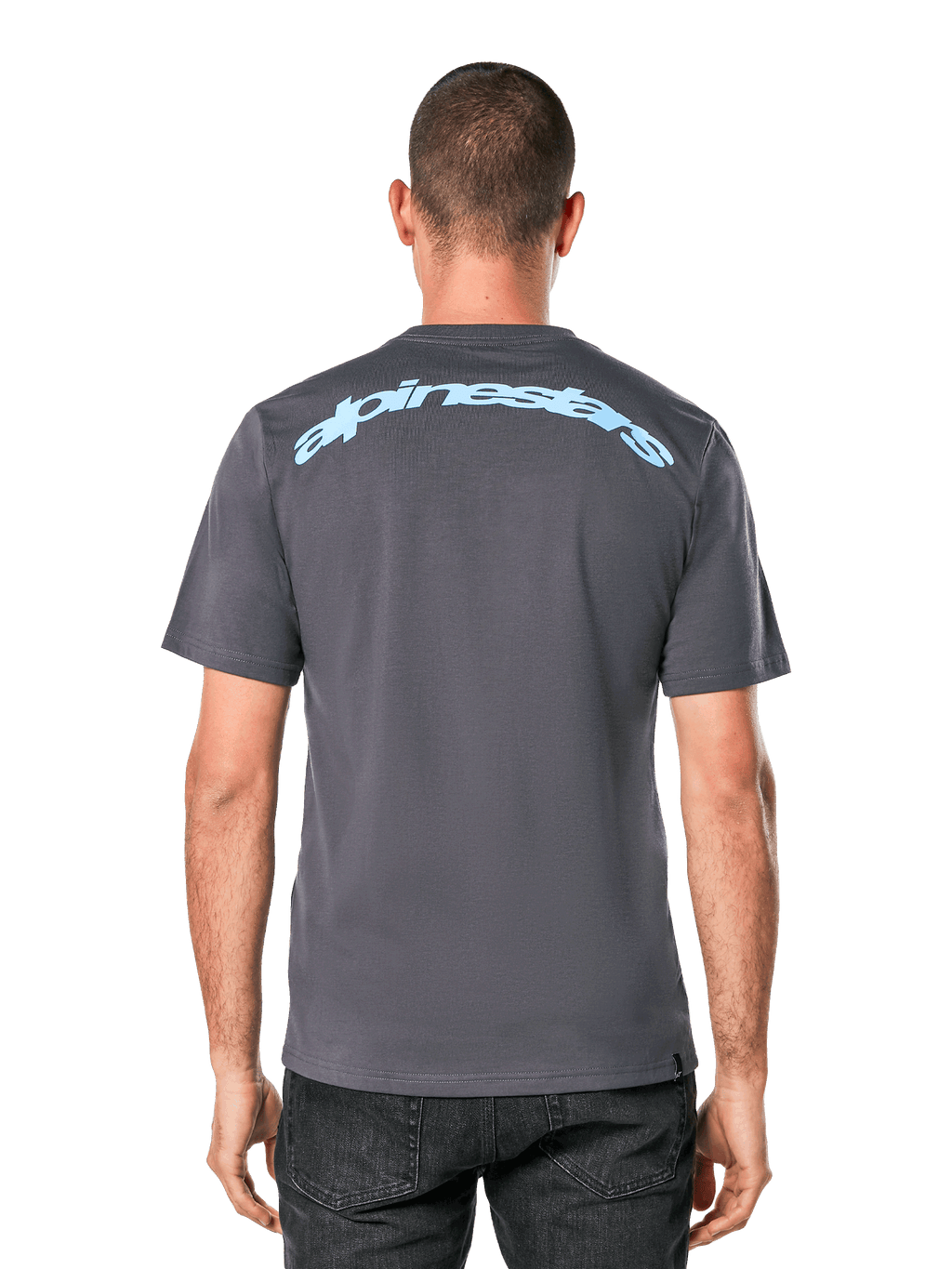 Alpinestars Horizon CSF Tee, t-shirt de manga curta, cinzento, vista traseira com o logótipo Alpinestars em arco azul claro, vestuário desportivo casual